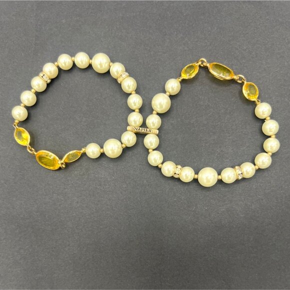 Vintage Napier Double Strand Bracelet Faux Pearl Yellow Crystal Gold Tone 6.5" - Picture 7 of 8